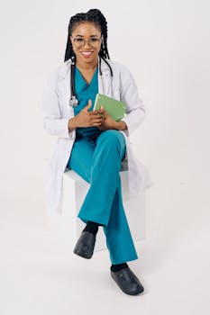 Young black female doctor smiling and sitting in a studio setting with medical attire.