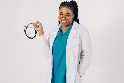Young black female doctor smiling confidently in eyeglasses, wearing scrubs and lab coat, holding stethoscope.