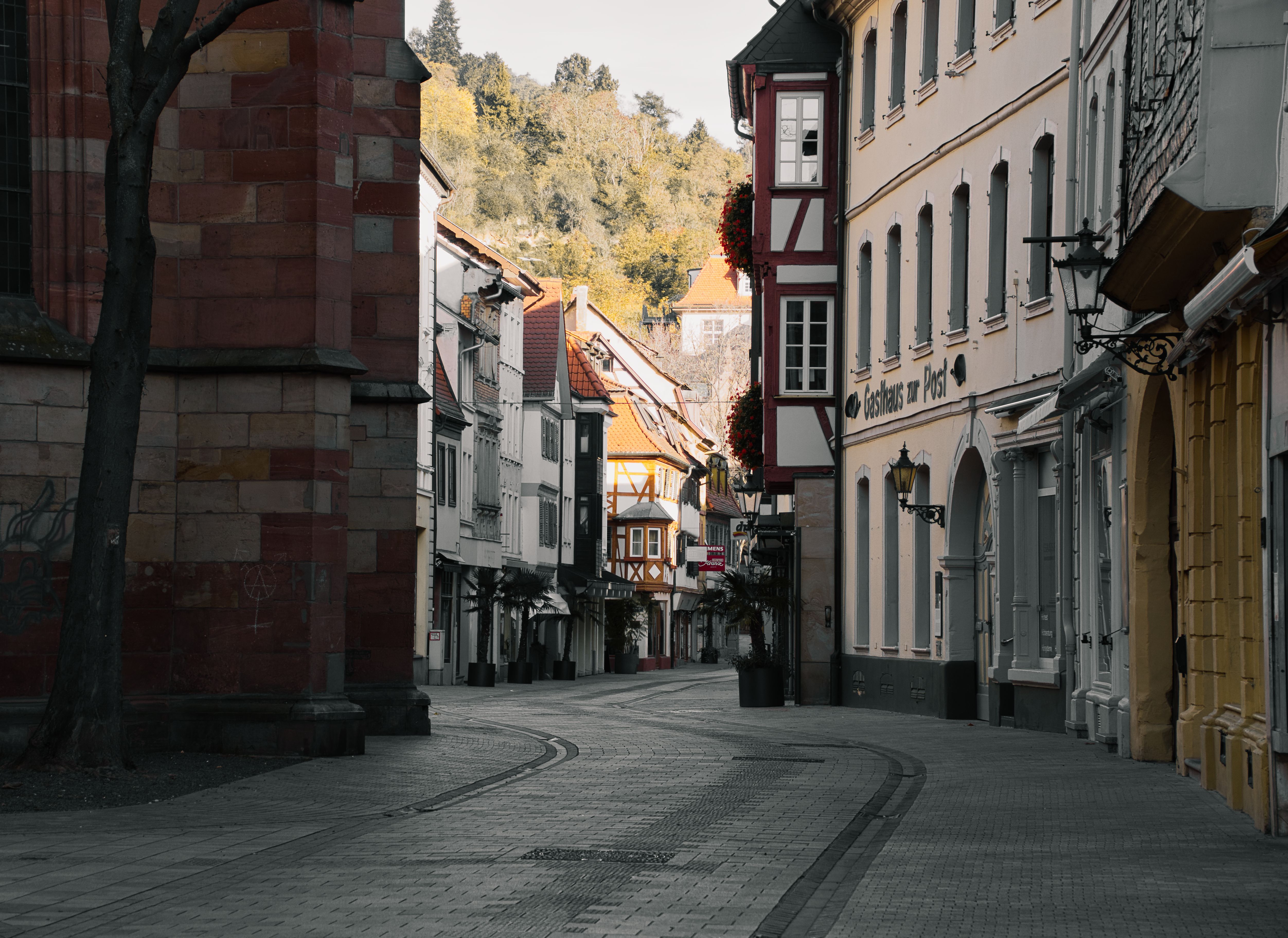 A quiet cobblestone street in a medieval European town, no crowds