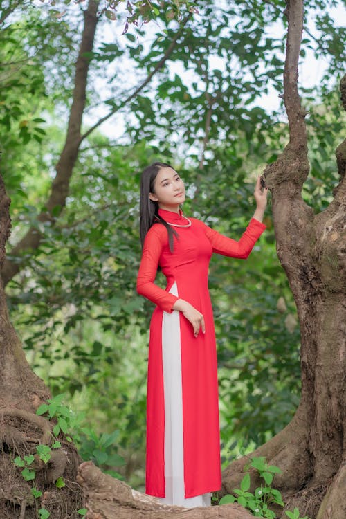 Woman in Traditional Clothing Standing on Tree