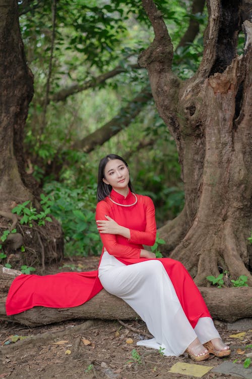 Woman with Black Hair Sitting in Red and White Dress among Trees