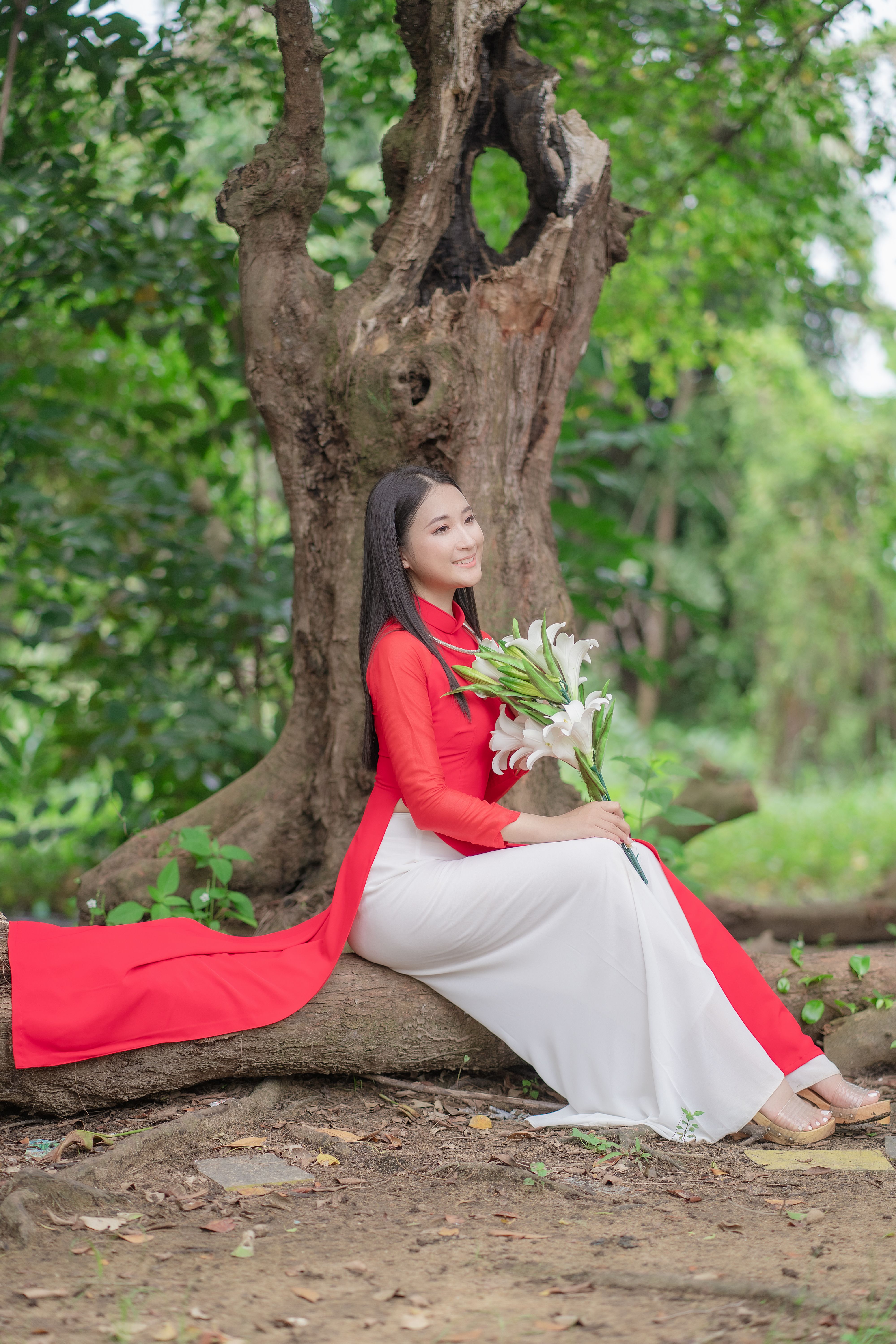 Smiling Woman in Traditional Dress Sitting with Flowers · Free Stock Photo