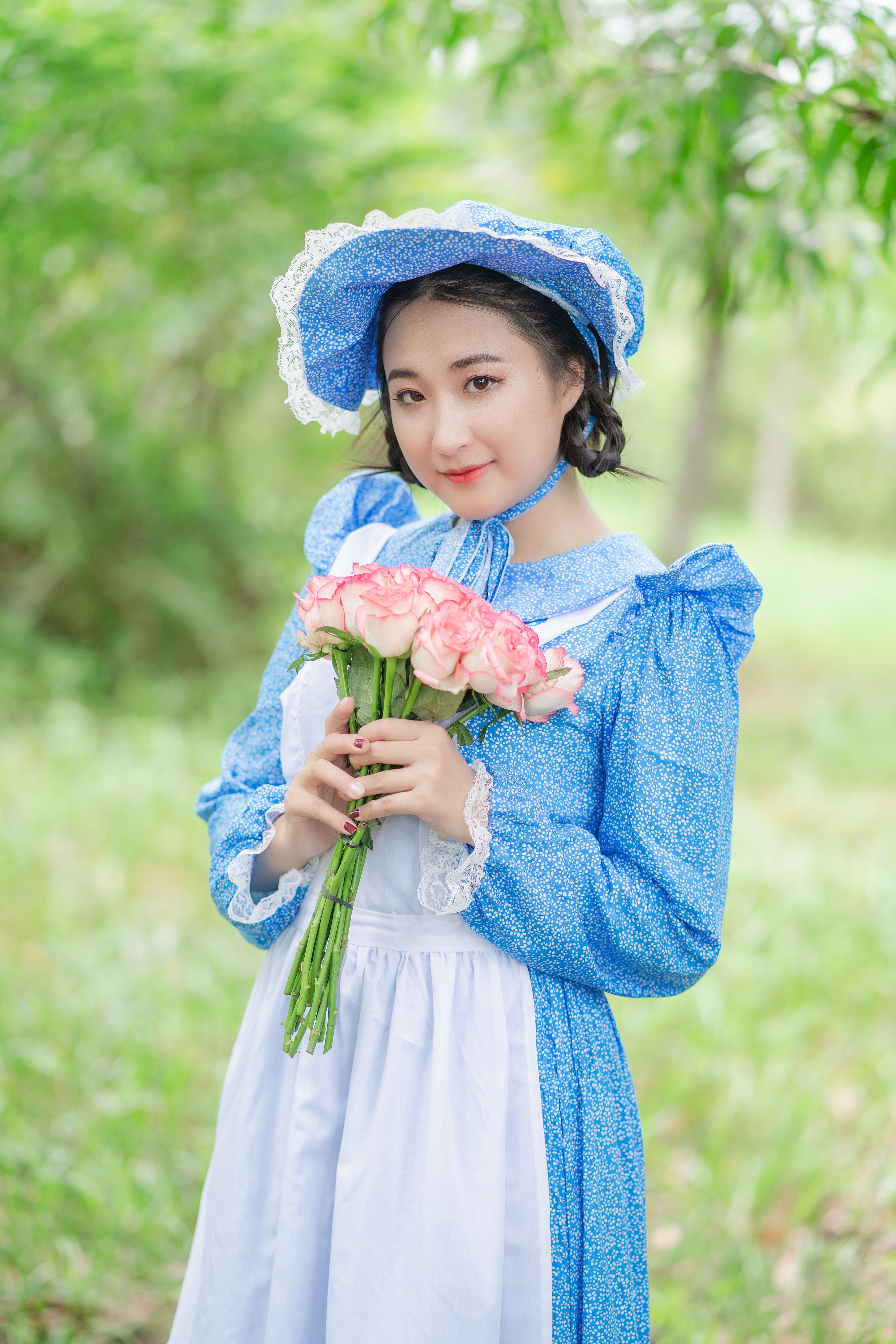 blue dress with pink roses Strapless Long Floral-Print Prom Dress with Ruffles Blue / 6