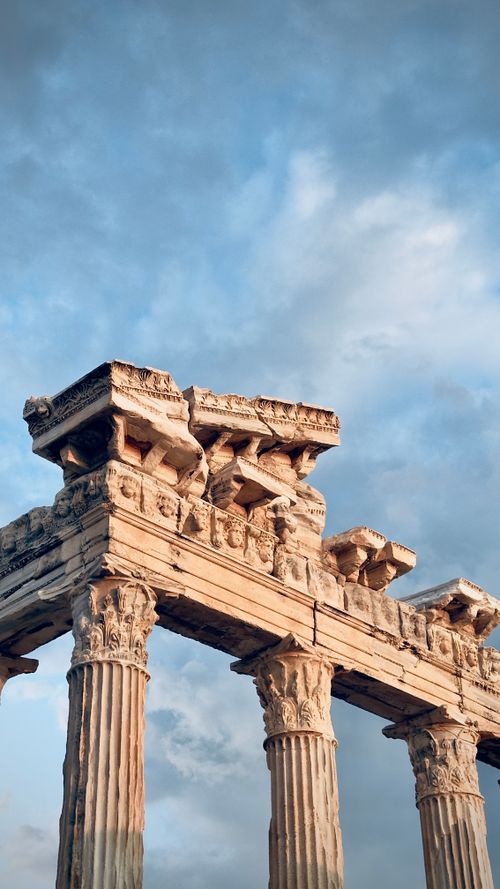 Free Low-angle view of ancient Greek temple ruins in Side, Antalya, under a clear sky. Stock Photo