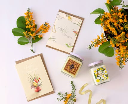 Aesthetic flat lay with floral arrangements, greeting cards, and decorative candles.