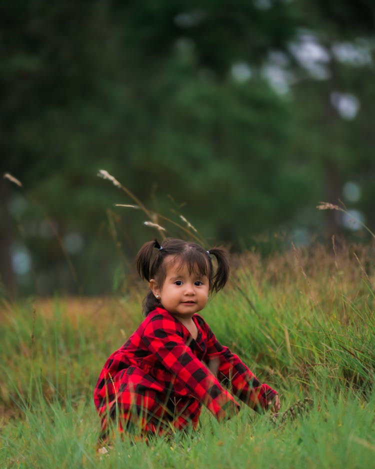 Little Girl Wearing Checked Shirt On A Meadow 