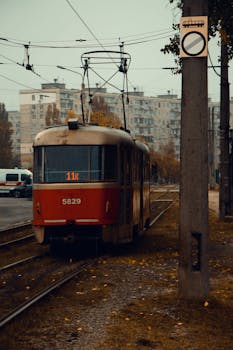 Vintage red tram on a city street in autumn, showcasing urban transport.