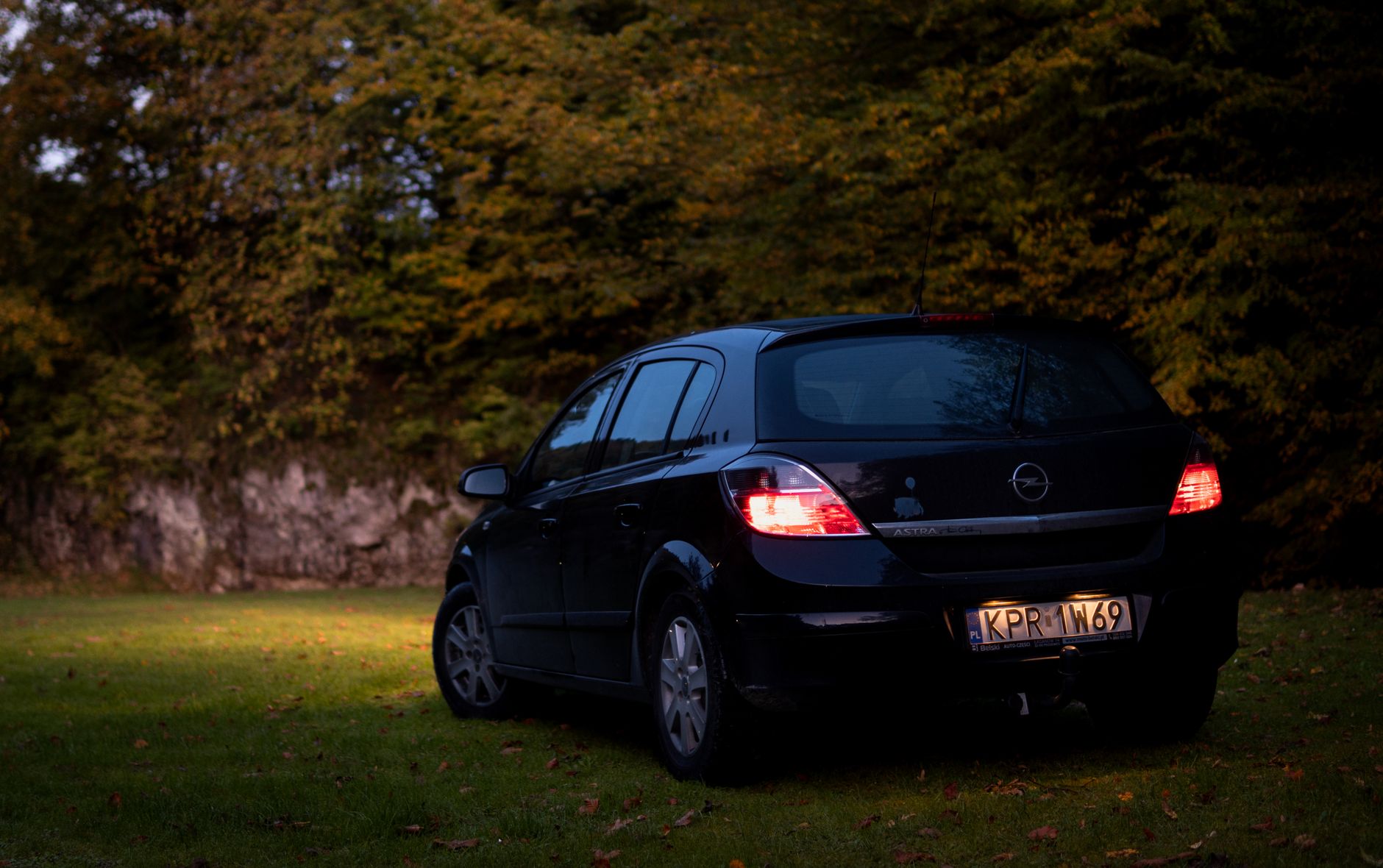 A parked Opel Astra in a tranquil forest setting during dusk, highlighting its sleek design.