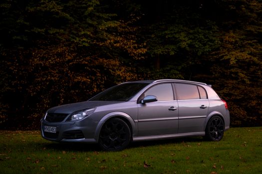 Silver Opel Signum car parked on grass with lush forest backdrop in Skała, Poland.