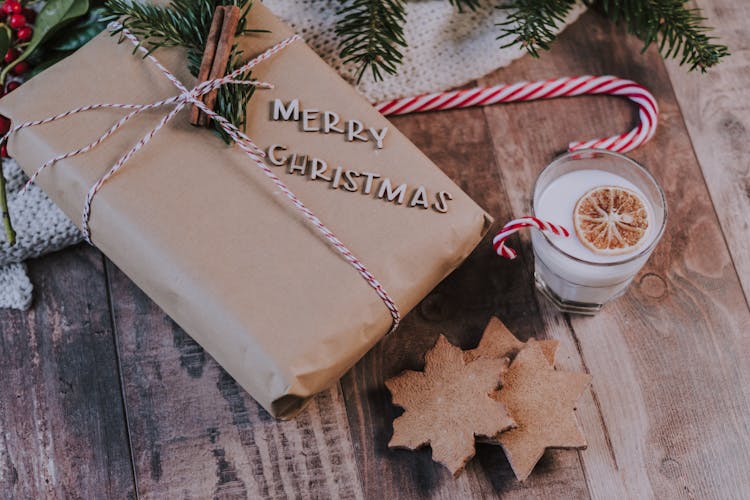 Glass Of Milk Near Christmas Present