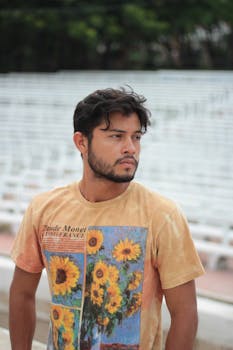 Photo by Angel Moranchel Man standing outdoors in a Claude Monet sunflower T-shirt, posing fashionably amidst blurred background.