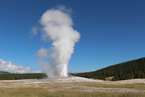 Erupting Geyser against Blue Sky