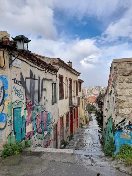 Old Buildings with Graffiti in City 