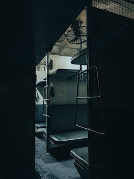 Explore the moody ambiance of an empty train compartment with narrow corridors and bunk beds.