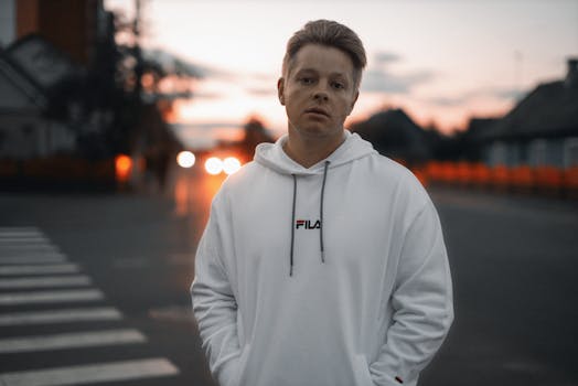 A young man in a white hoodie stands on a pedestrian crossing during a sunset in the city.