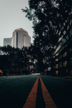 A moody city street view with towering buildings and dim street lights at dusk.