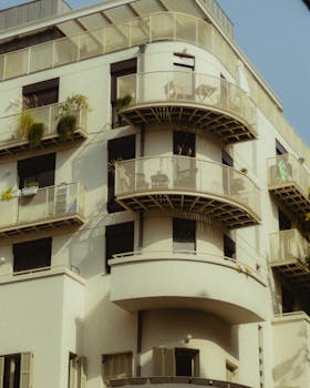Contemporary architecture showing balconies in a Tel Aviv apartment building.