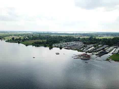 Aerial view of Giethoorn, Netherlands, showcasing its serene waters and greenery.