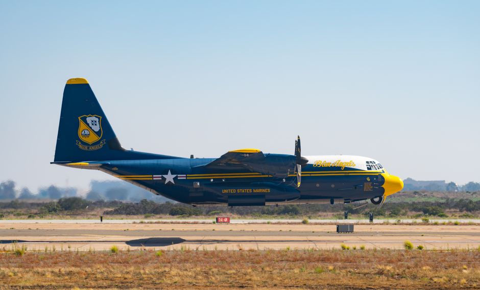 Blue Angels aircraft landing at Miramar airfield, showcasing US Marines aviation.
