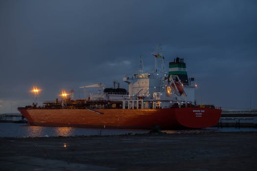 A large oil tanker ship illuminated at night, docked at a harbor.