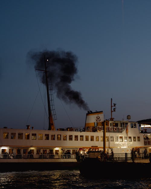 Smoke from Moored Passenger Ship in Evening