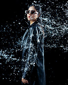 Fashionable woman in sunglasses and leather coat posing amid water splashes in a studio setting.