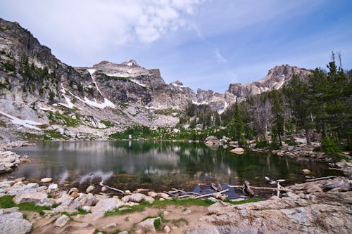 Lake Among Rocky Snow Covered Mountains