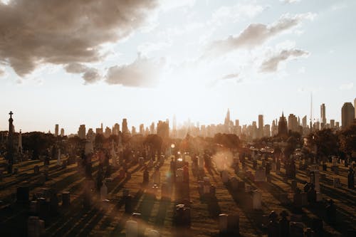 Graveyard in Light and Shadow, and a Cityscape in Background