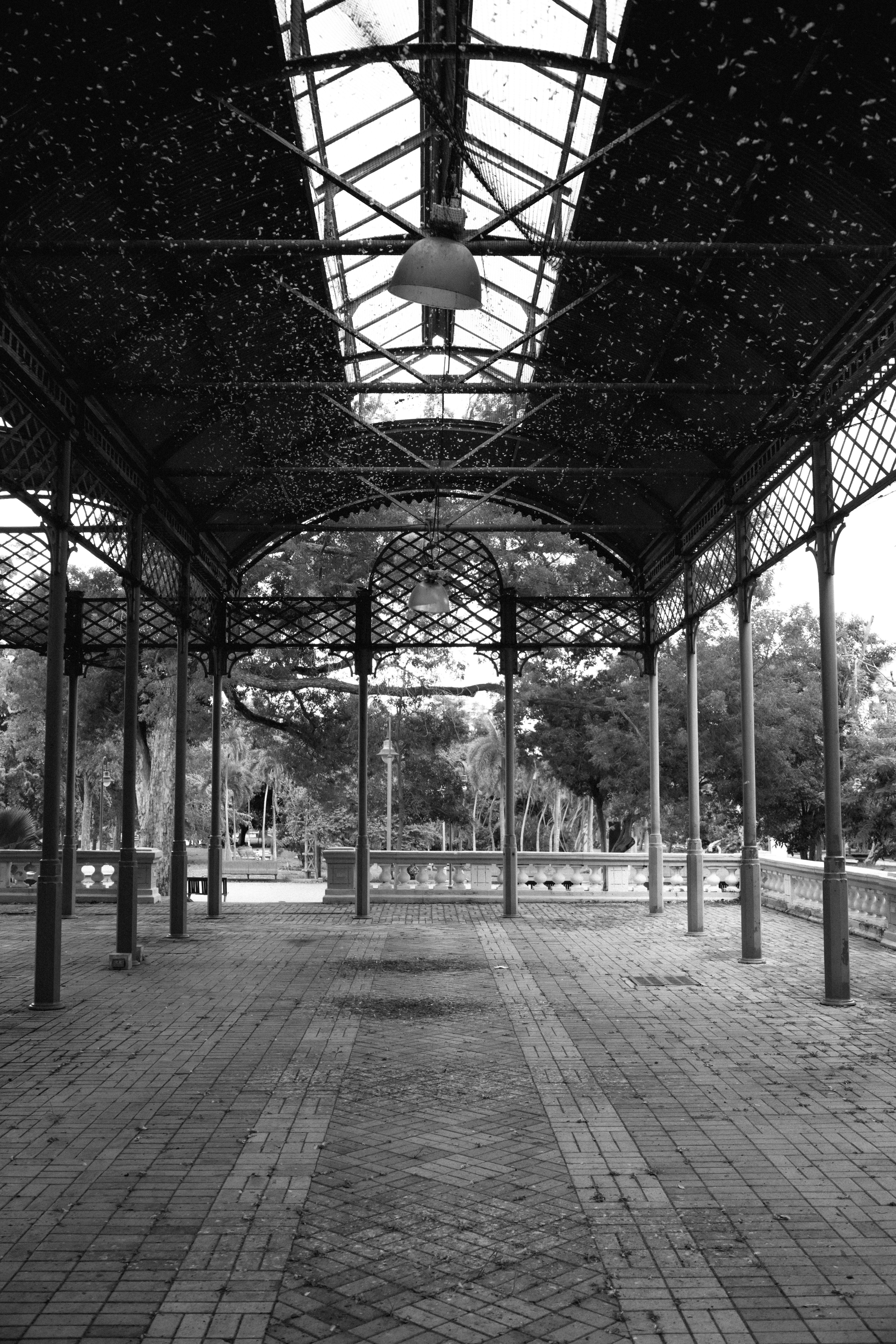 A serene black and white photograph of an elegant pavilion in a lush park setting.