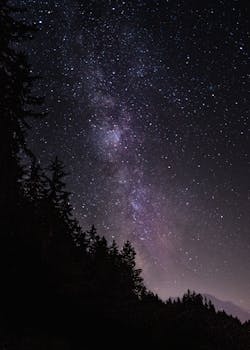 A breathtaking view of the Milky Way galaxy over a forest silhouette in Oberstdorf, Germany.