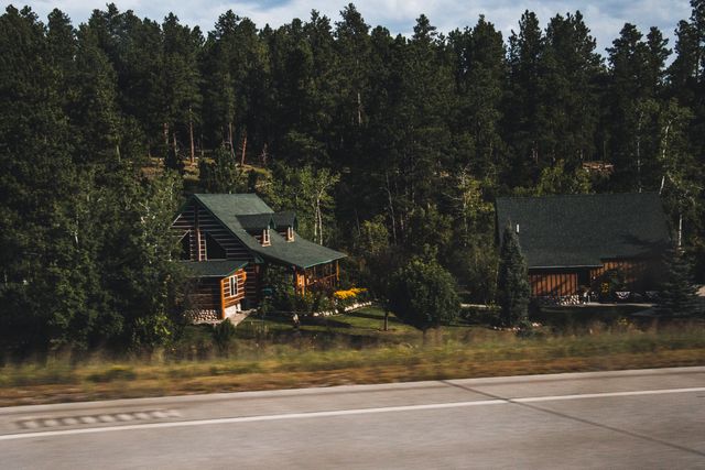 Log cabins set against a dense stand of pine forest — photo by Karlee Heck on Pexels