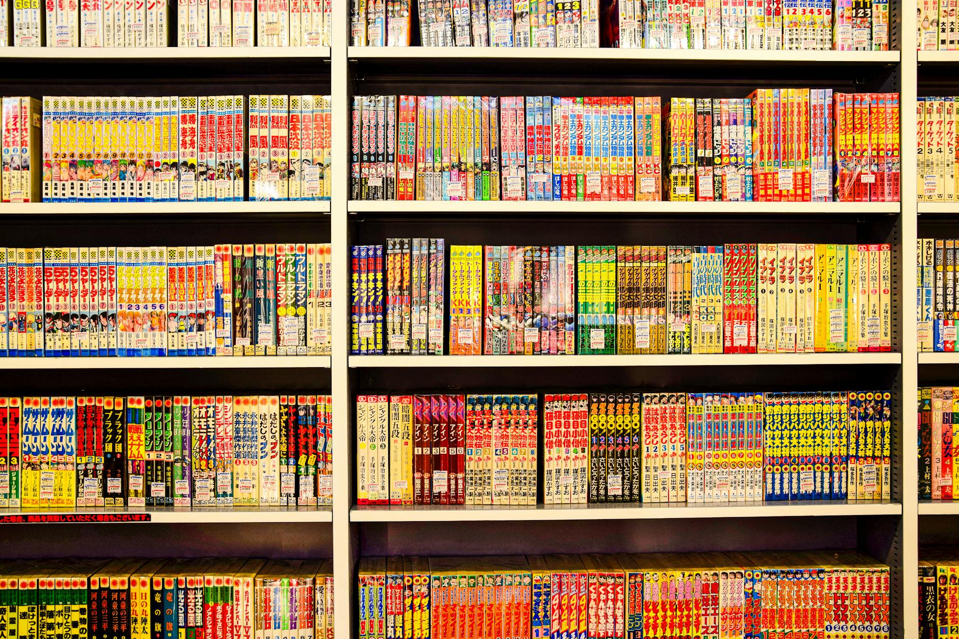 Vibrant shelves filled with Japanese manga in a bookstore. Perfect for comic enthusiasts.