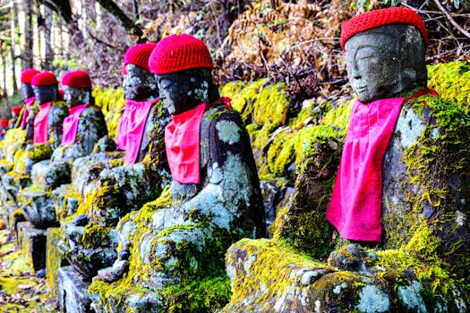 Row of moss-covered Jizo statues with red caps and bibs in Nikko, Japan.