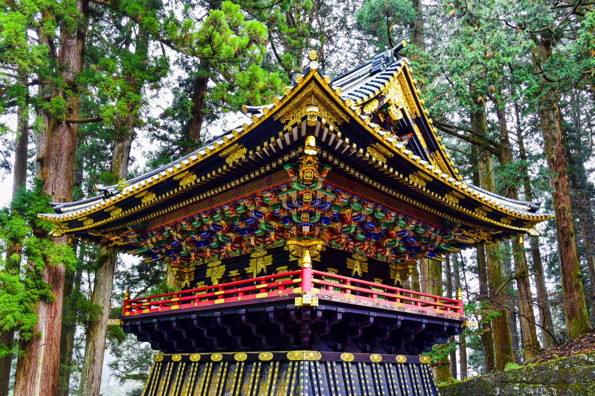 Ornately gilded Buddhist temple pavilion in a cedar forest — the architectural tradition that Hiraizumi's Konjiki-do represents at its most complete