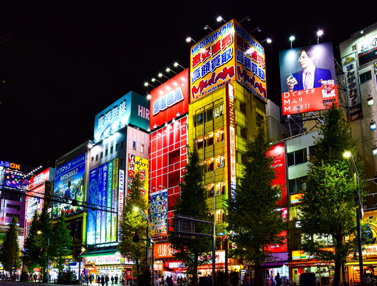 The neon electronics and anime billboards of Akihabara at night