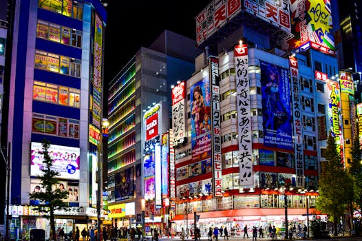 Lively Akihabara cityscape with vibrant billboards and illuminated streets at night.