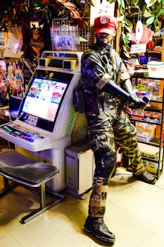 A mannequin in military uniform and red cap beside arcade games in Tokyo's Akihabara district.