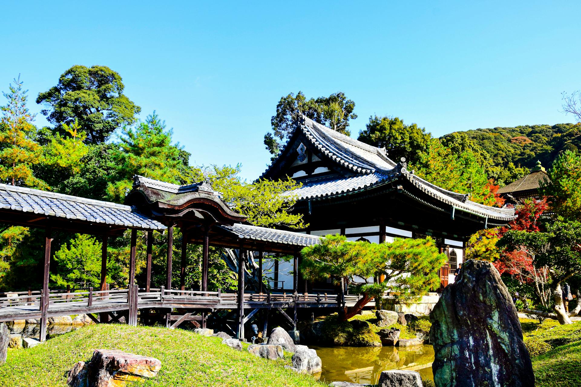 Scenic view of a traditional Japanese temple with lush gardens and a wooden bridge in Kyoto, Japan.