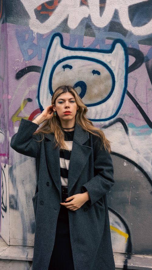 Free Stylish woman poses against a graffiti wall in Berlin's vibrant street scene. Stock Photo
