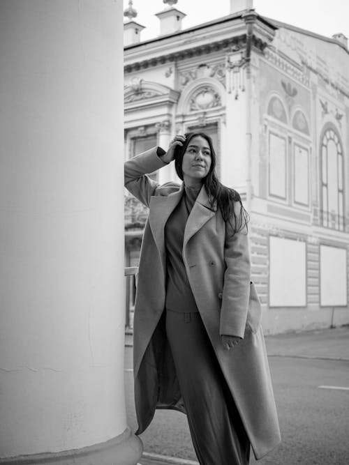 Woman in Coat in Black and White