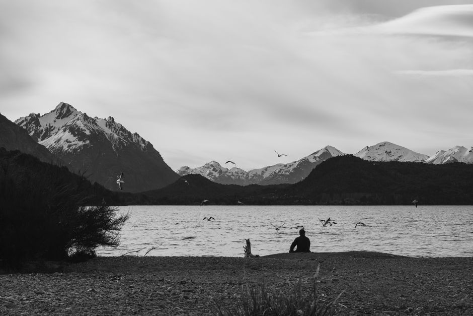 Black and white image capturing a tranquil moment by the lake with mountains and birds in Bariloche, Argentina.