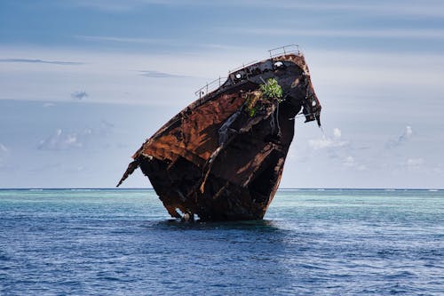 View of a Rusty Shipwreck in the Sea