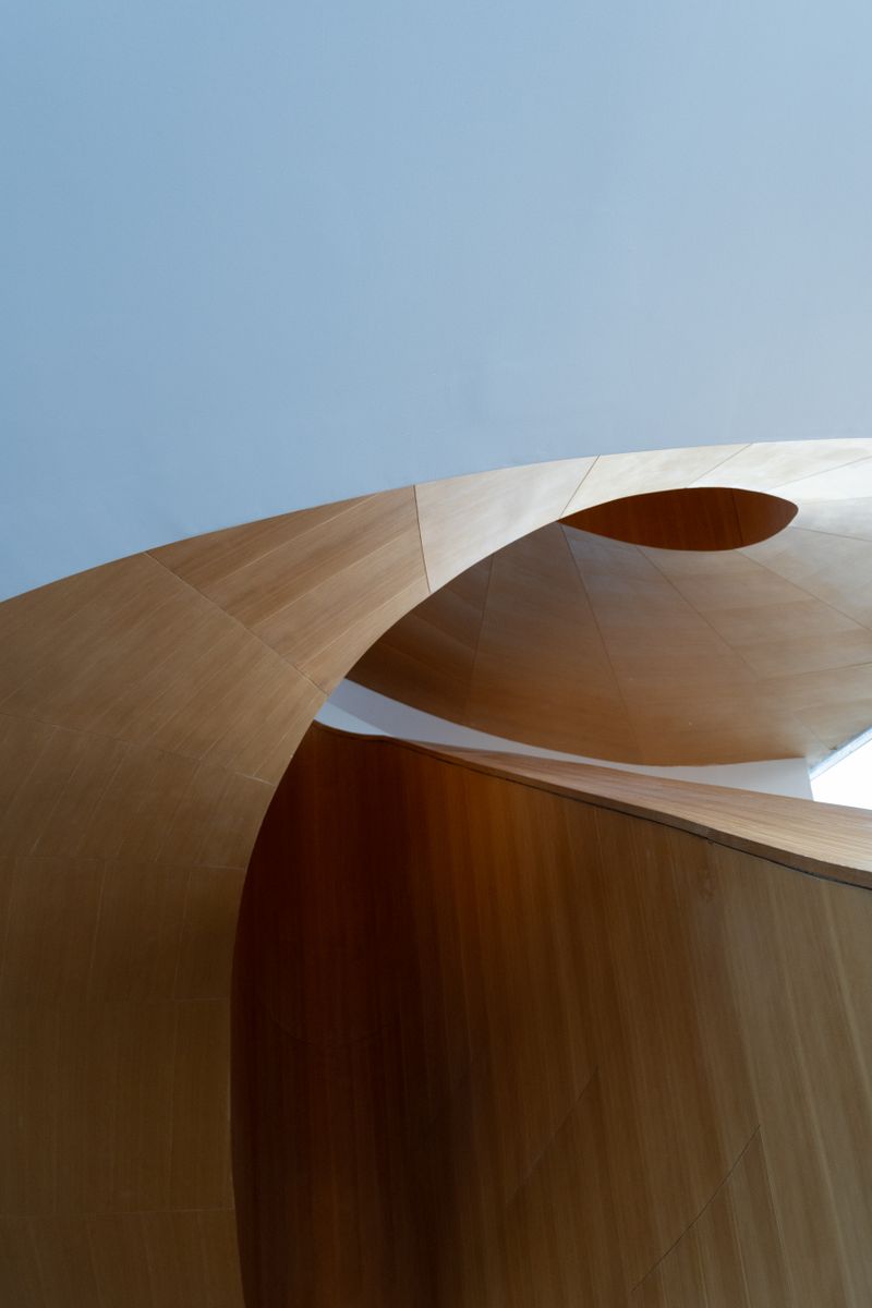 Frank Gehry's curved wooden spiral staircase inside the Art Gallery of Ontario