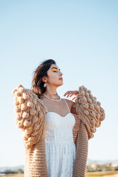 Brunette in Dress and Cardigan