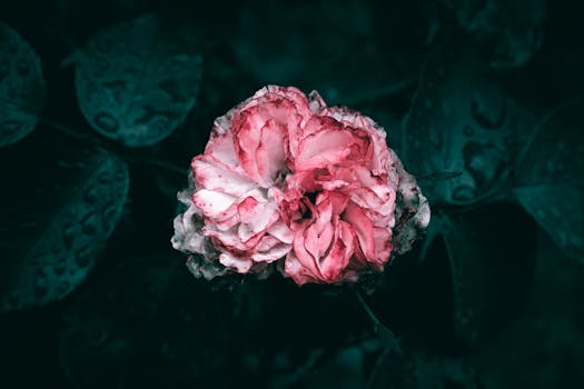 Elegant pink rose with rain droplets on dark green leaves, creating a romantic, dramatic ambiance.