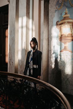 Artistic portrait of a woman in fashionable attire set indoors in a Brazilian neoclassical building.