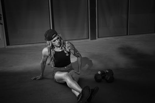 Black and white photo of a muscular woman sitting in a gym with dumbbells.
