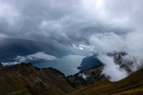 Dense Clouds Hanging over a Mountain Lake, Switzerland