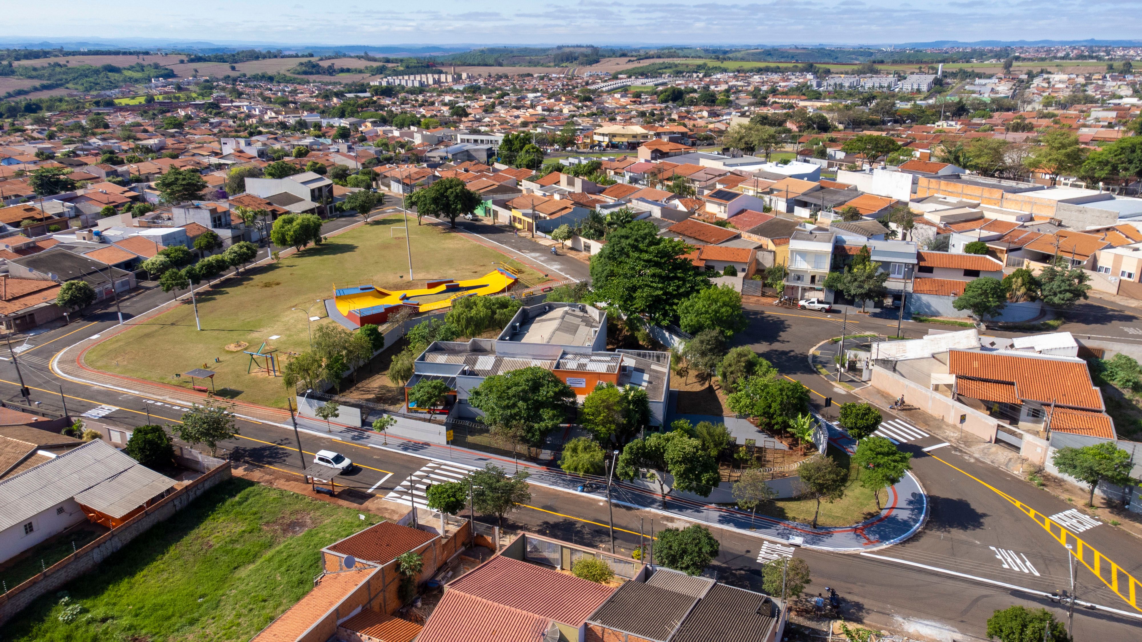 Aerial shot of a residential area with skateboard park in Londrina, Brazil.