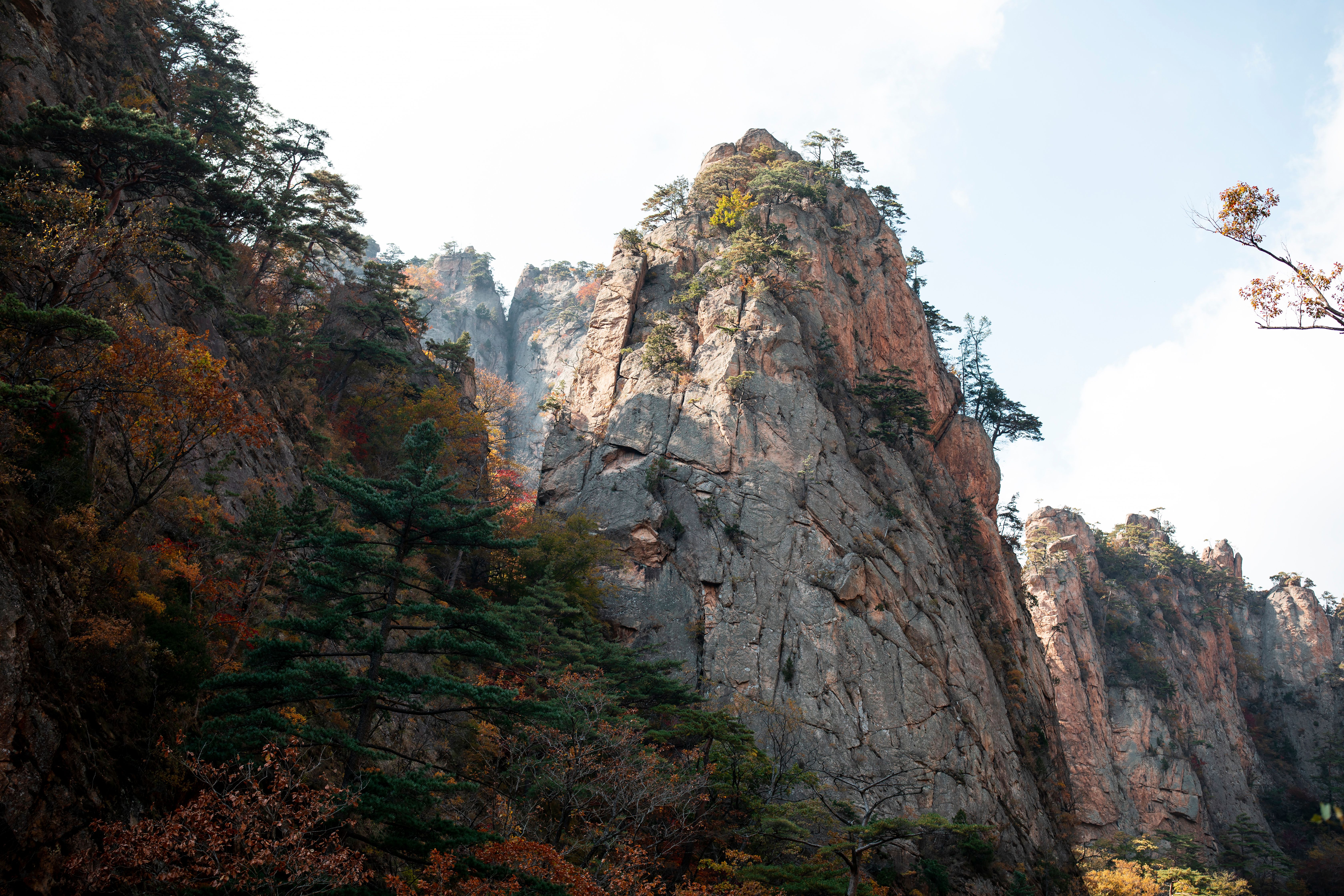 Rugged mountain peaks surrounded by lush forest in Yangyang, South Korea.